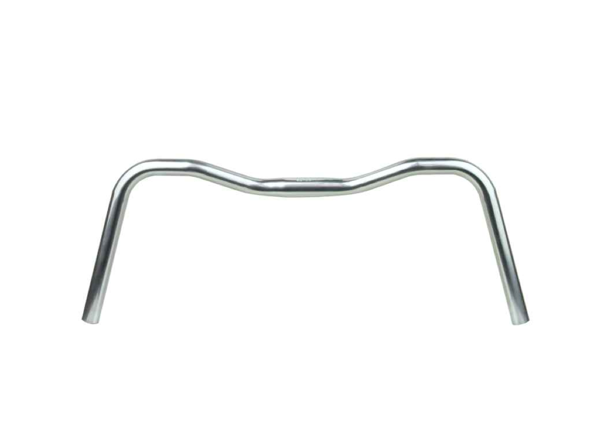 Guidon Nitto B356 coloris argent, vue de face sur fond blanc, montrant la section centrale ondulée et les extrémités inclinées vers le bas.
